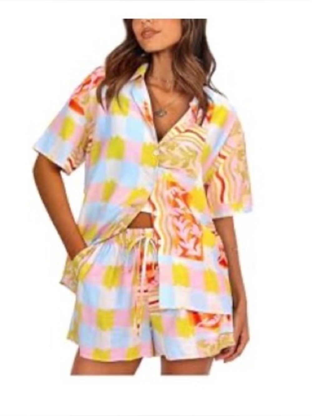 2-Piece Printed Button-Down Shirt & Shorts Set – Size L NWOT